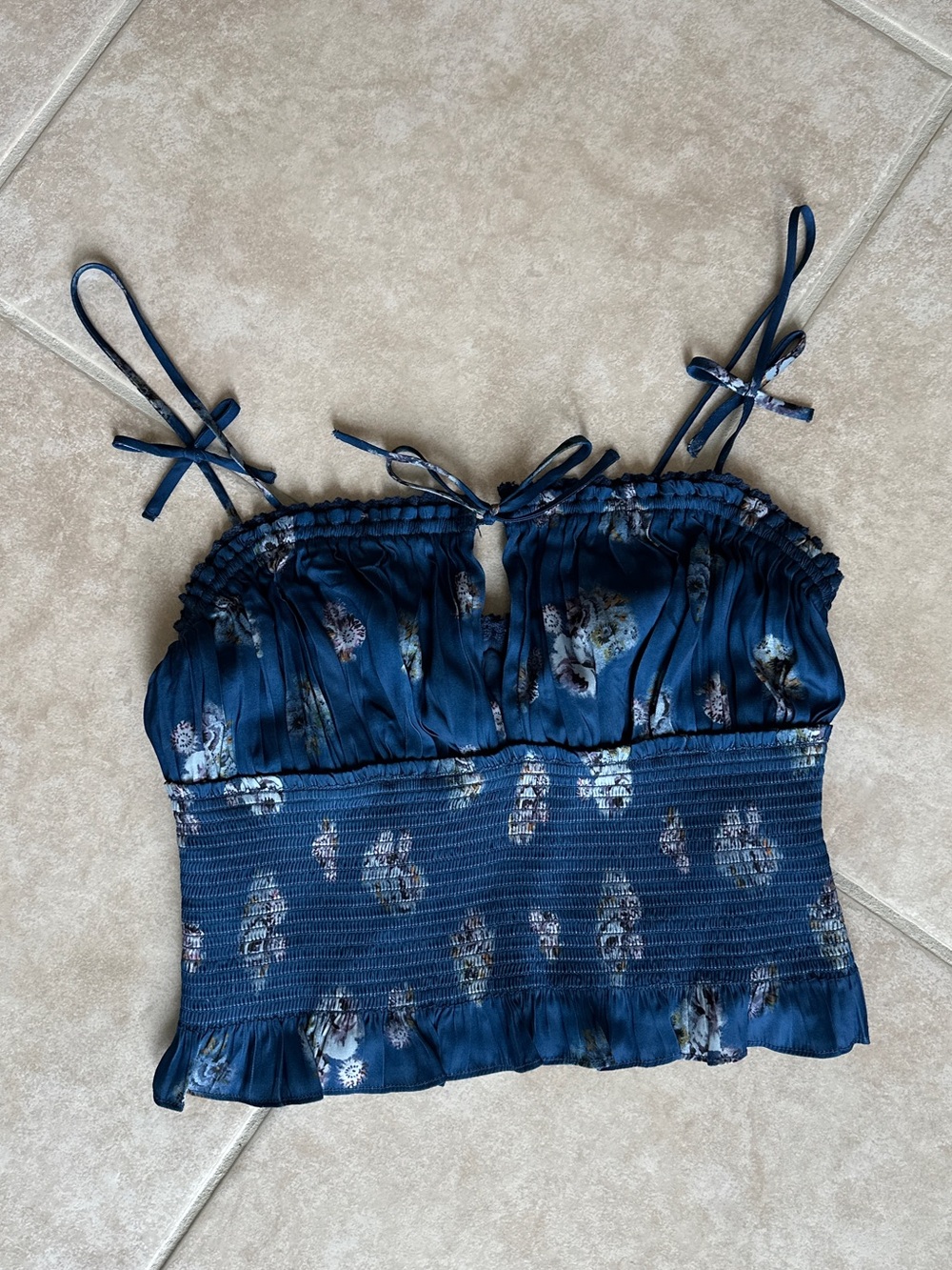 Free People Navy Floral Smocked Tie-Strap Cami